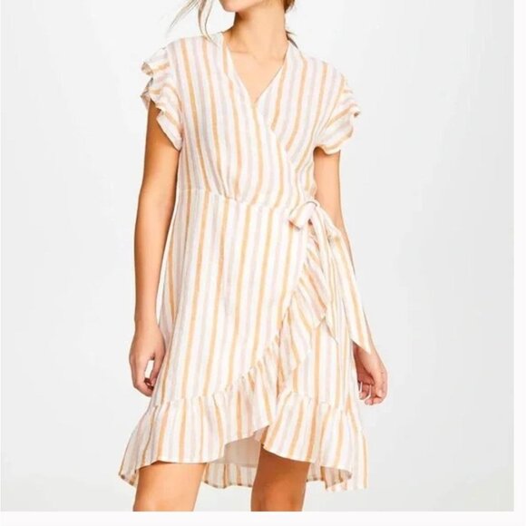 RAILS Brigitte Amber Striped Pink Metallic Ruffled Wrap Dress M Flutter Sleeve - Picture 1 of 9